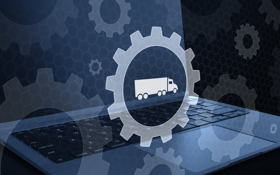 3D rendered illustration of a laptop keyboard with a floating gear icon containing a truck symbol, representing logistics management, fleet operations and software settings.