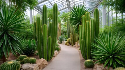 Fototapeta premium Cacti and desert plants growing in botanical garden greenhouse