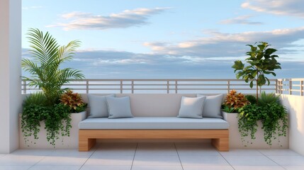 Obraz premium Modern patio sofa with lush green plants on balcony