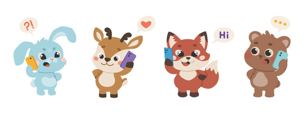 Naklejka premium Cute animals chat on smartphones. Furry forest characters communicate via mobile phone. A hare, fox, deer, and bear are using a modern device.