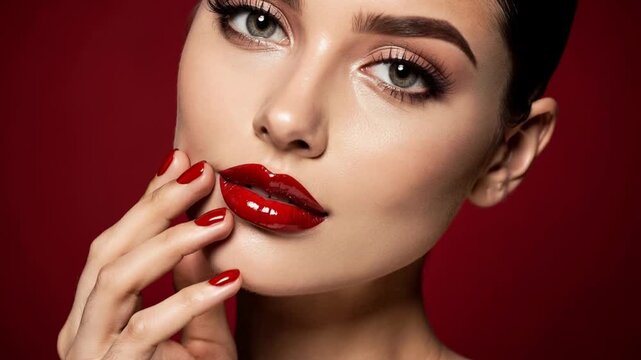 Glamorous woman with bold red lips and matching red nails close up beauty makeup portrait