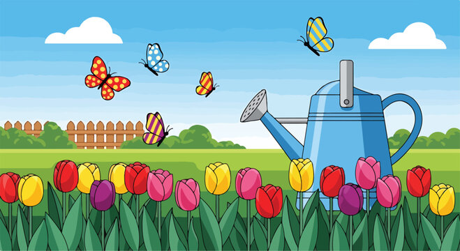 A blue watering can surrounded by colorful tulips