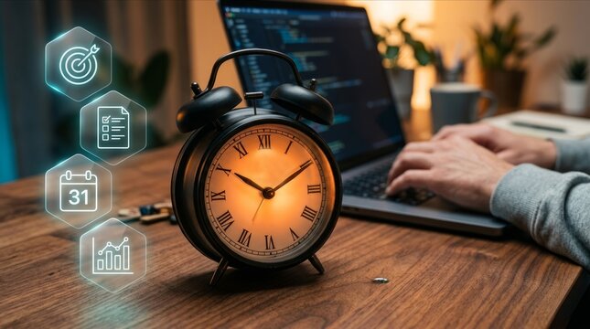 Time Management Concept with Alarm Clock and Productivity Icons