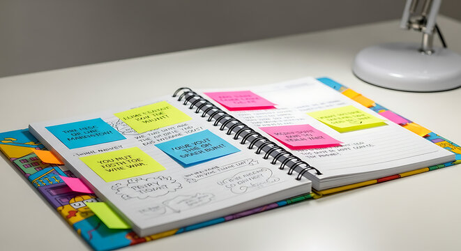 Open spiral notebook filled with notes and colorful sticky notes on a white surface near a lamp