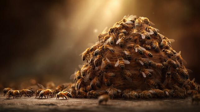 Honey bees creating a swarm formation on a natural surface under sunlight