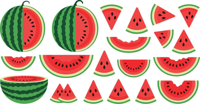 Assortment of watermelon slices and halves fruit summer food sweet