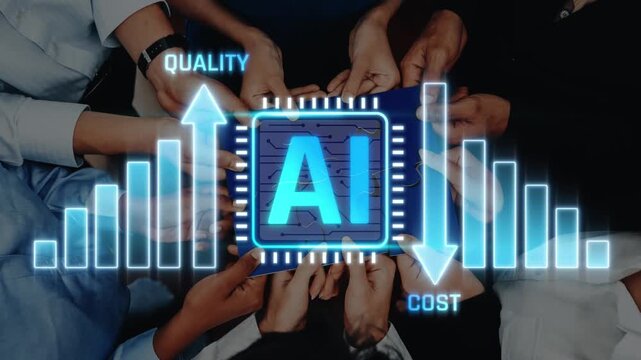 Hands Collaborating Around AI Symbol with Quality and Cost Graphs to Illustrate Technology Benefits in Business Progress and Innovation Strategies Sigmoid
