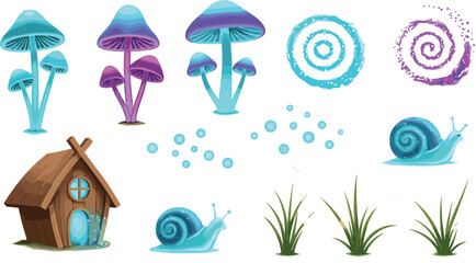 Fantasy Mushroom and Snail Fairy Tale Element Set with Magic House, Spiral, Grass, and Bubbles for Game, Sticker, and Cartoon DesignsFantasy Mushroom and Snail Fairy Tale Element Set with  © Monirul