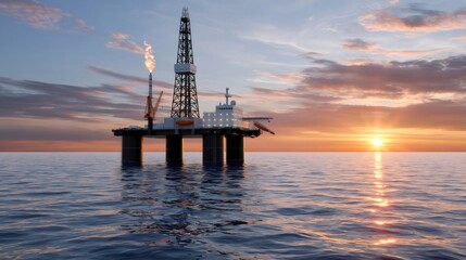 Obraz premium Offshore oil rig extracting petroleum at sunset