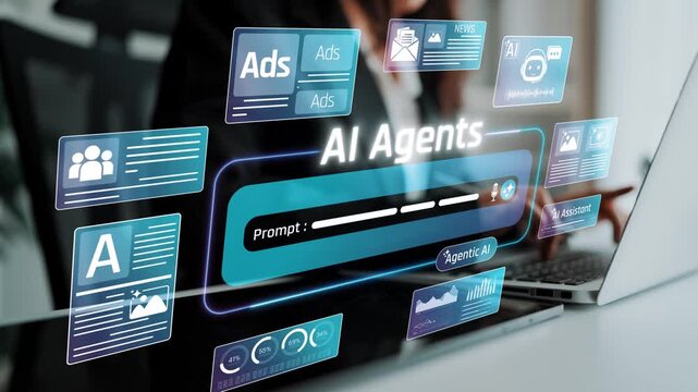 Professional Businesswoman Engaging with Futuristic AI Technology on Laptop with Digital Interface and Graphic Overlays for Advertising and Data Analysis Sigmoid