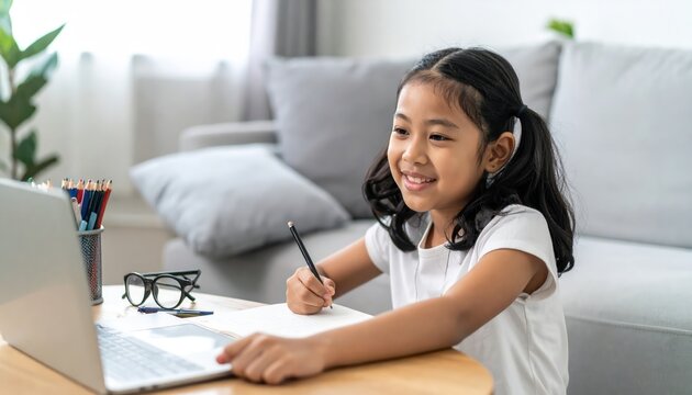 Young girl engaging in online learning at home with laptop.