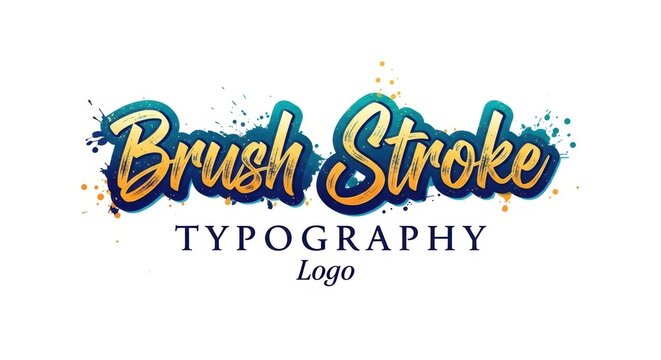Brush stroke typography logo design, artistic calligraphy lettering with blue and gold gradients, creative paint splatter text effect on white background