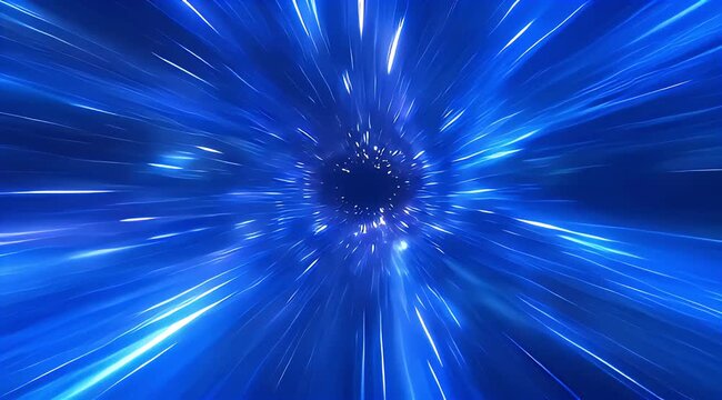 Abstract futuristic hyperspace jump through wormhole into another galaxy, fast light travel, star explosion in black hole.