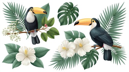 Obraz premium Toucans sitting on branches with tropical foliage