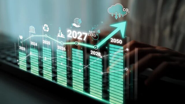 Digital Illustration of a Hand Interacting with a Graph Showing Annual Progress Towards Net Zero Emissions by 2050 with Icons and Data Points Sigmoid
