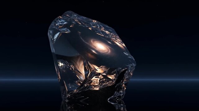 Galaxy trapped inside a jagged black obsidian stone sits on a reflective surface