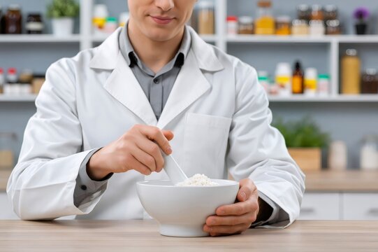 Pharmacist compounding medicine using mortar and pestle