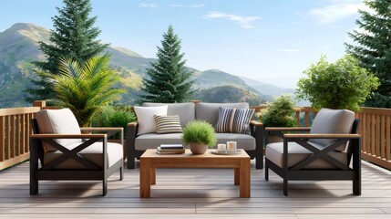 Obraz premium Patio furniture set on a wooden deck with mountain views