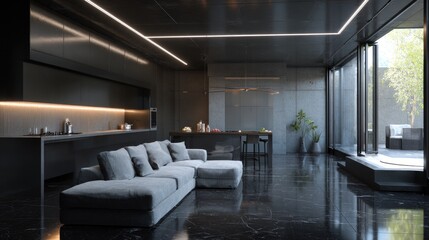 Fototapeta premium Modern, dark, luxurious interior with sleek kitchen, large windows, and comfy sofa