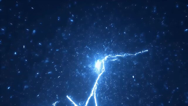 Abstract background featuring glowing blue lightning bolts and particle effects radiating from central light source in dark space.
