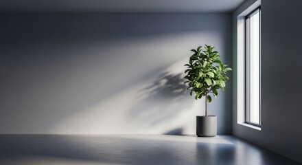 Obraz premium Minimalist Interior with Potted Plant and Sunlight Streaming Through Window.