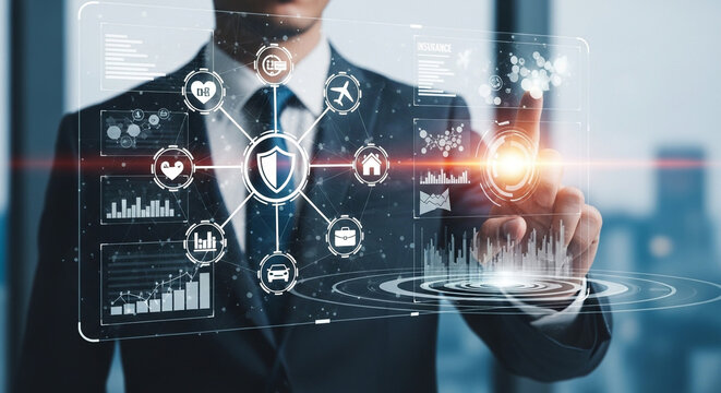 Insurtech Concept: Businessman Touching Virtual Screen with Health, Travel, and Property Insurance Icons