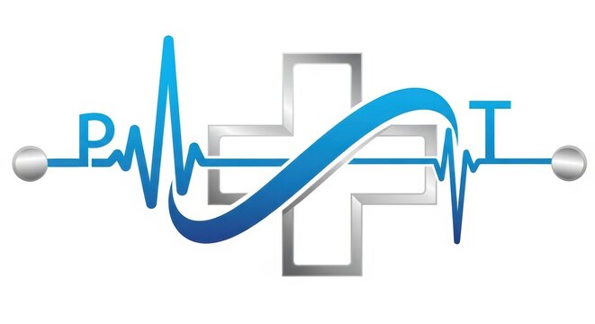 Physical therapy logo with heartbeat line and medical cross, PT initials for physiotherapy clinic, blue and silver healthcare icon on white background