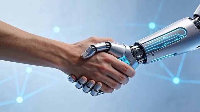 Human hand shaking with robotic arm