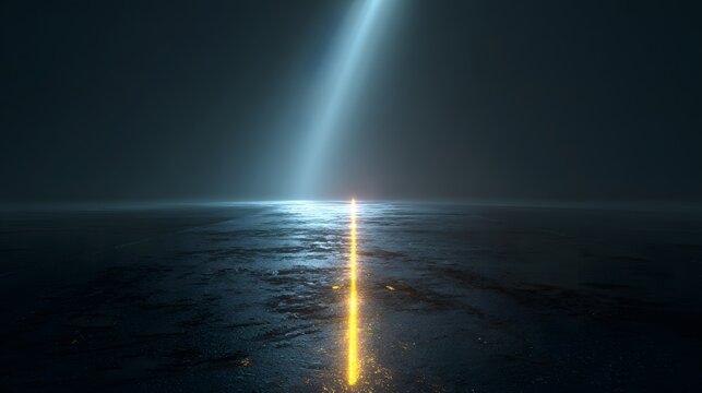 A bright light beam shining down on a dark surface with a glowing effect