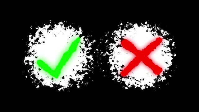 Hand drawn check mark and cross mark doodle set isolated on black background rough grunge texture style green tick and red x symbols for choice