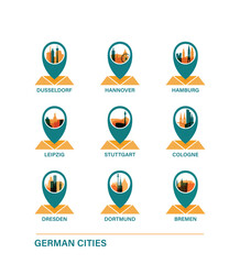 Fototapeta premium Germany city travel destinations: vector pin icons collection for Cologne, Hamburg, Hannover, Dusseldorf, Dresden, Dortmund, Stuttgart, Bremen. German travel clip art pack