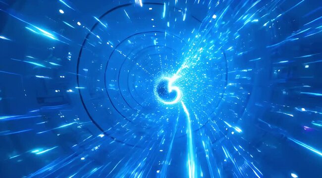 Abstract blue cyber tunnel motion with glowing light streaks and futuristic digital data particles in fast movement.