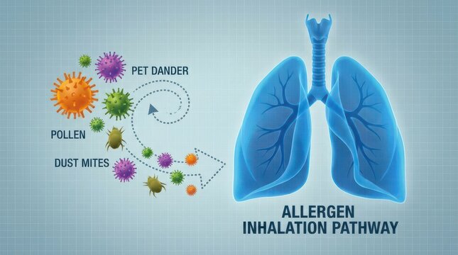 Labeled allergen inhalation pathway diagram with lungs showing pollen dust mites and pet dander for medical poster