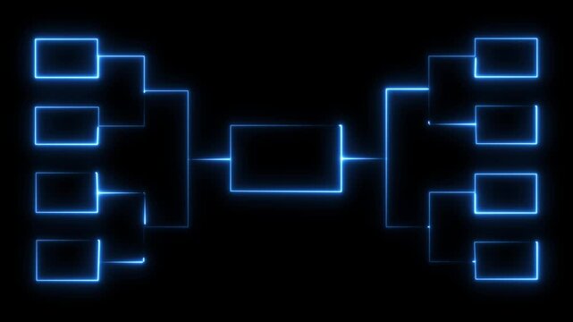 Neon blue glowing tournament bracket diagram with empty rectangular slots for sports competition playoffs or business organizational structure