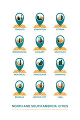 Naklejka premium South and North America city travel destinations: vector pin icons collection for Toronto, Montreal, Ottawa, Vancouver, Brasilia, Sao Paulo, Mexico City, Lima. American travel clip art pack