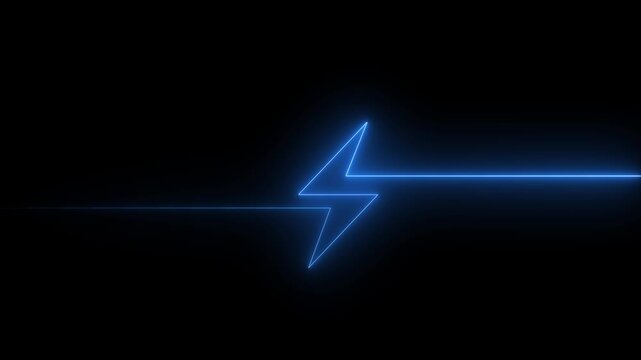 Glowing blue neon lightning bolt symbol forming from a single horizontal line on a deep black background representing electrical energy power surge