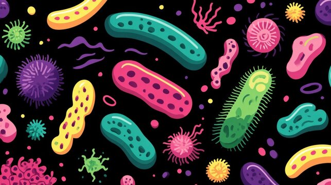 Colorful bacteria and germs pattern on a black background for science and health