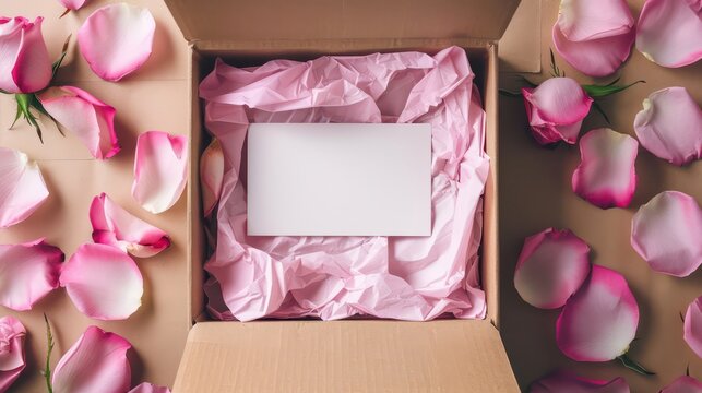 Open gift box with pink rose petals and blank card for mother's day greeting card mockup and gift background design. Horizontal banner. Copy space. Free space for text