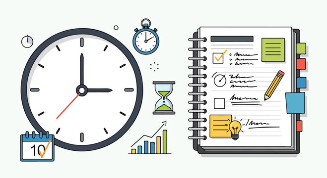 A clock, calendar, and notebook with various stationery items