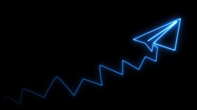Glowing blue neon paper airplane flying upward along a zigzag line graph representing business growth success and financial progress on a dark