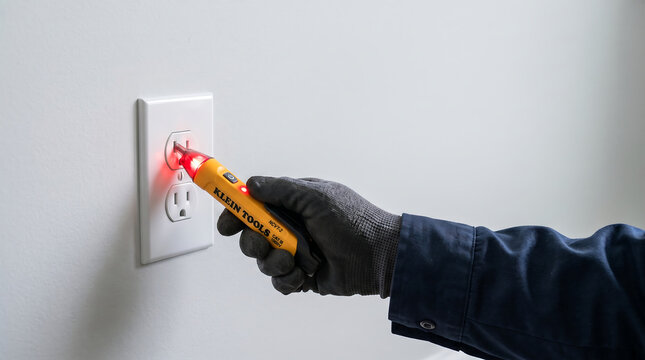A gloved hand uses a yellow non-contact voltage tester to check for live current in a white electrical outlet.