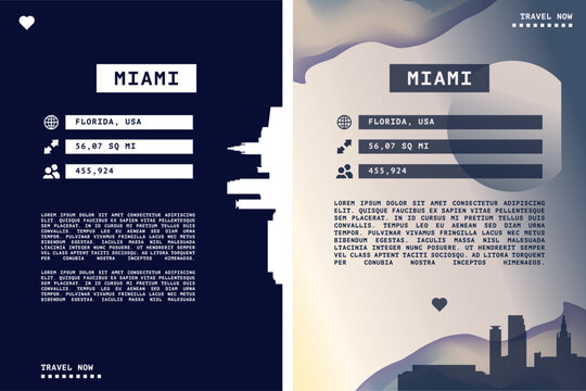 Miami, Florida USA state vector infographics, brochure layout set. Guide, leaflet, flyer, graphic templates with text, information, data, city skyline shape. Mock up, copy space images series