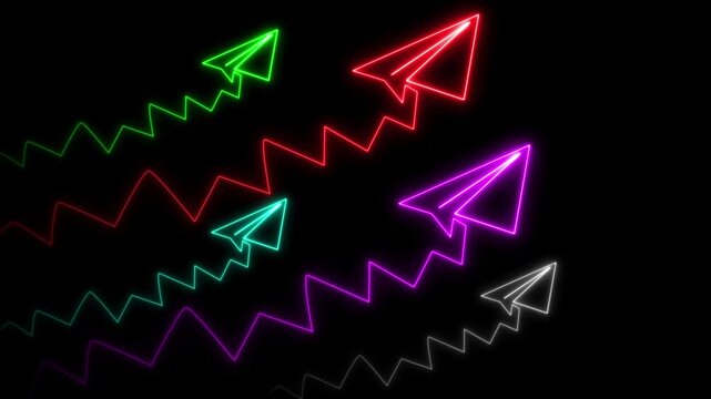 Neon paper airplanes flying upward along glowing zigzag growth charts representing business success financial progress and market expansion