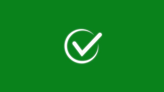 Animated glowing white checkmark inside a circle isolated on a solid green screen background chroma key compositing and motion projects