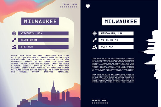 Milwaukee, Wisconsin USA state vector infographics, brochure layout set. Guide, leaflet, flyer, graphic templates with text, information, data, city skyline shape. Mock up, copy space images series