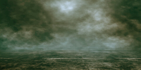 Stormy rain falls over a misty forest and green river landscape as dark clouds and fog drift through the nature under a moody sky © RD Visuals