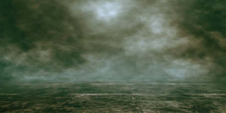 Stormy rain falls over a misty forest and green river landscape as dark clouds and fog drift through the nature under a moody sky