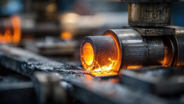 Molten metal is being processed in a heavy industrial setting, showcasing intense heat and precision.