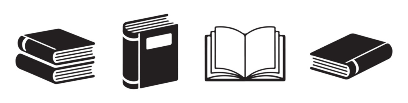 Educational book flat vector icons with open literature pages and stacked library textbook objects.