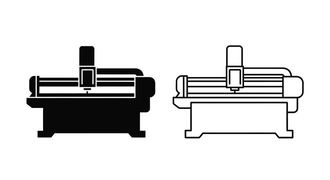 Two views of a cnc milling machine one filled and one outlined silhouette